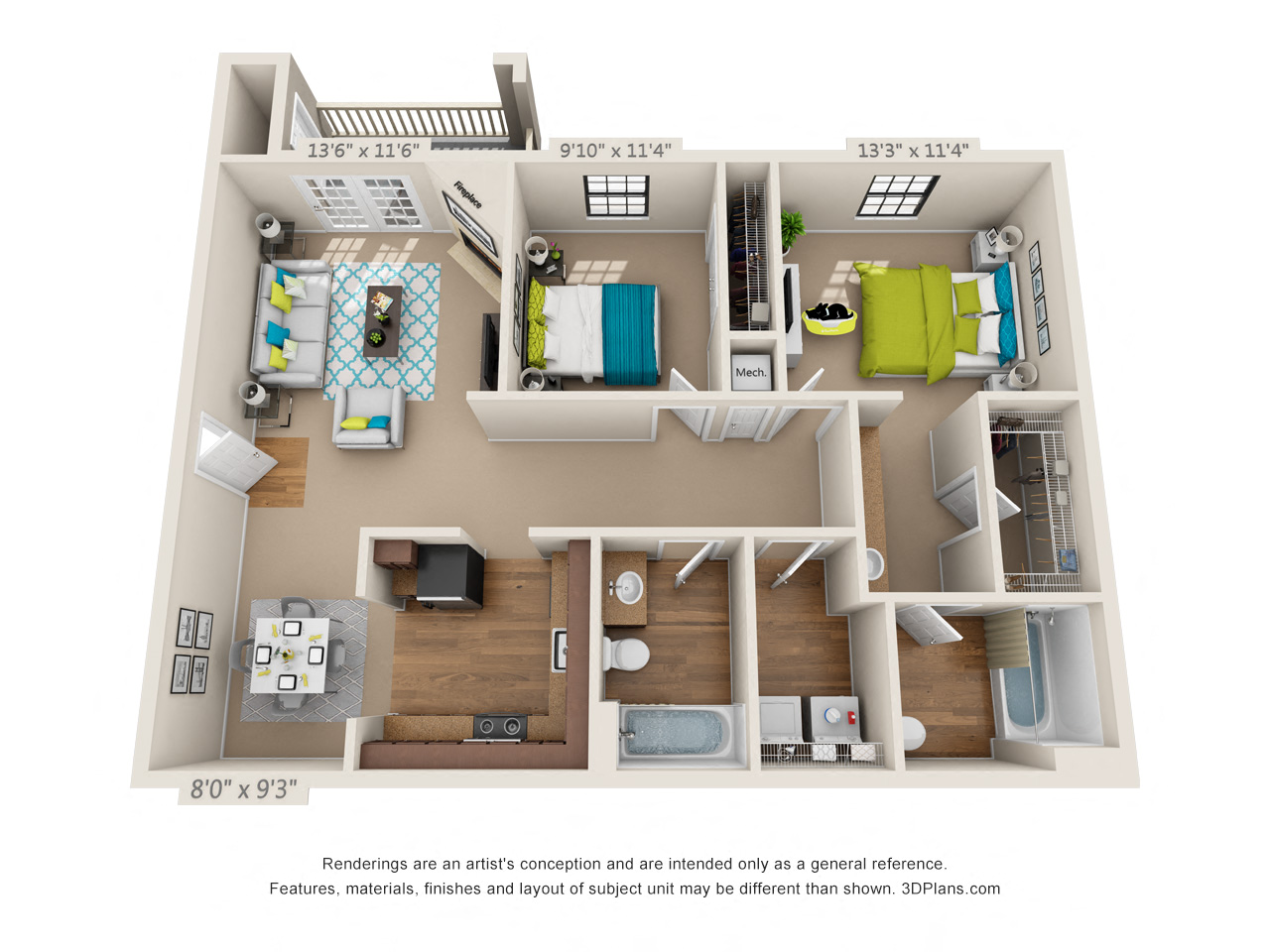 Floor plan for 2 beds, 2 baths, 1064 sqft